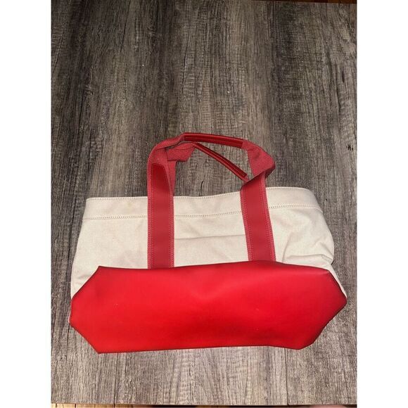 Tory Burch Small Canvas Beach Tote Red and Beige - Picture 2 of 4